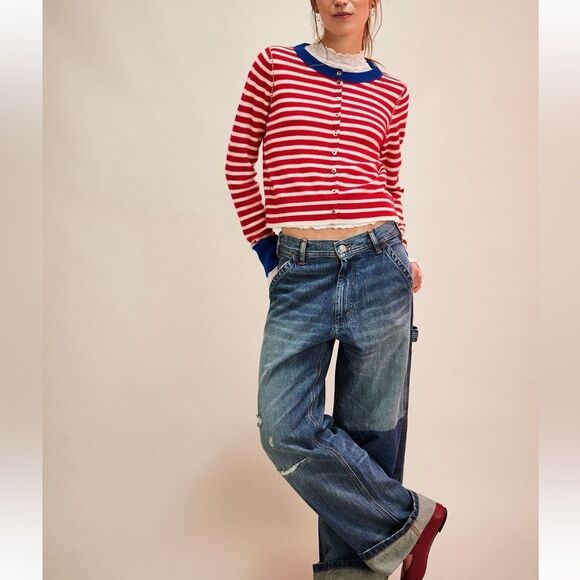 Free People Nocturnal Stripe Cashmere Blend Cardigan in Valiant Blue Combo NWOT - Picture 4 of 10